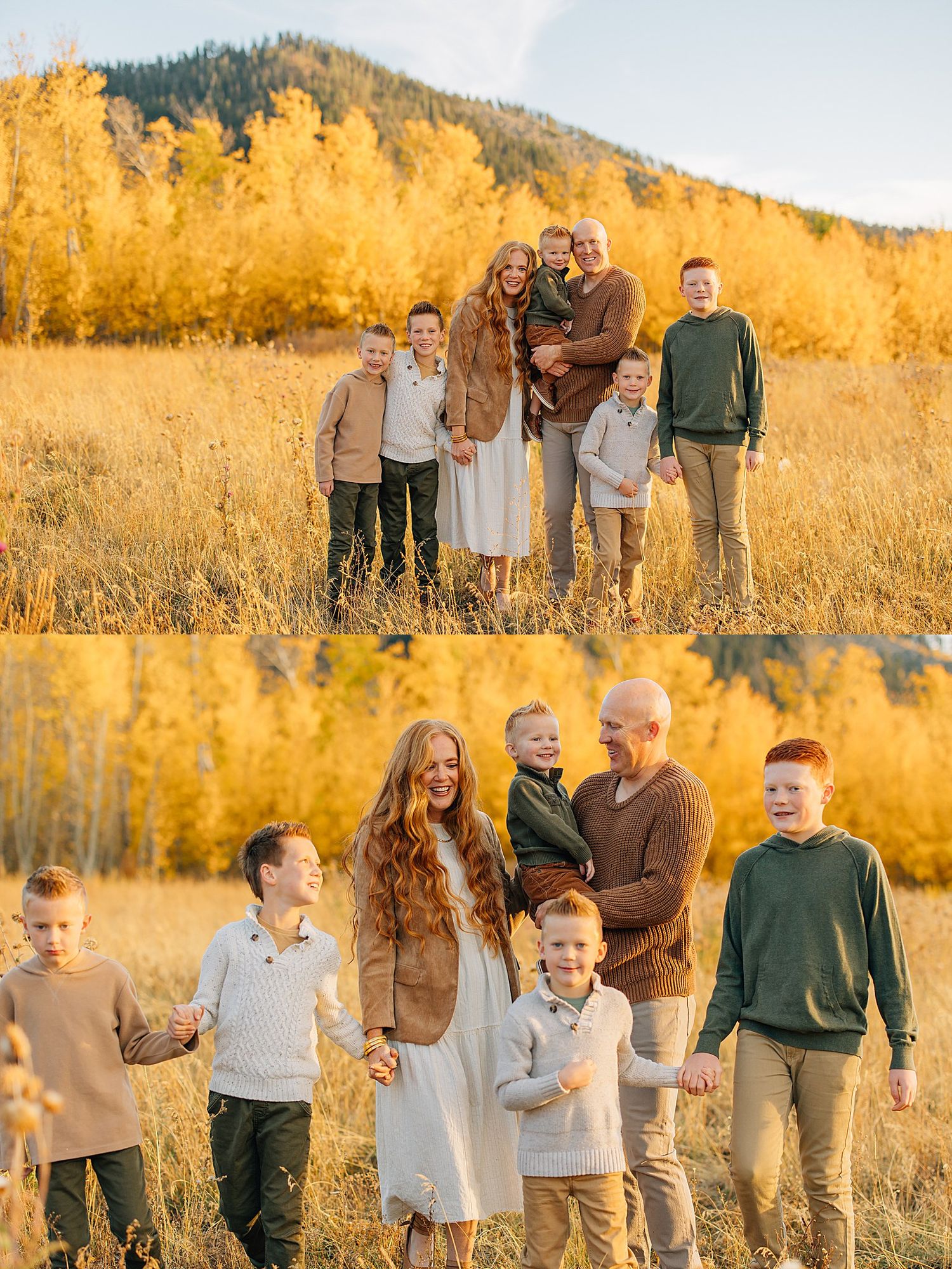 A family poses together in a golden autumn field with tall grass and trees in the background during sunset.