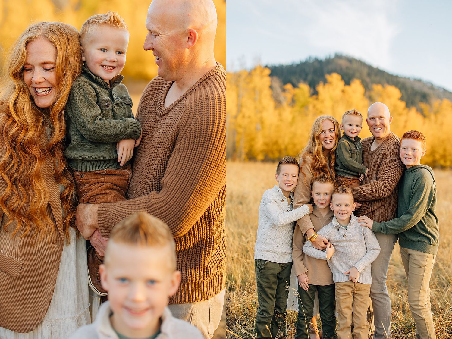 Family wearing coordinated brown and beige outfits poses together in autumn field with golden foliage.