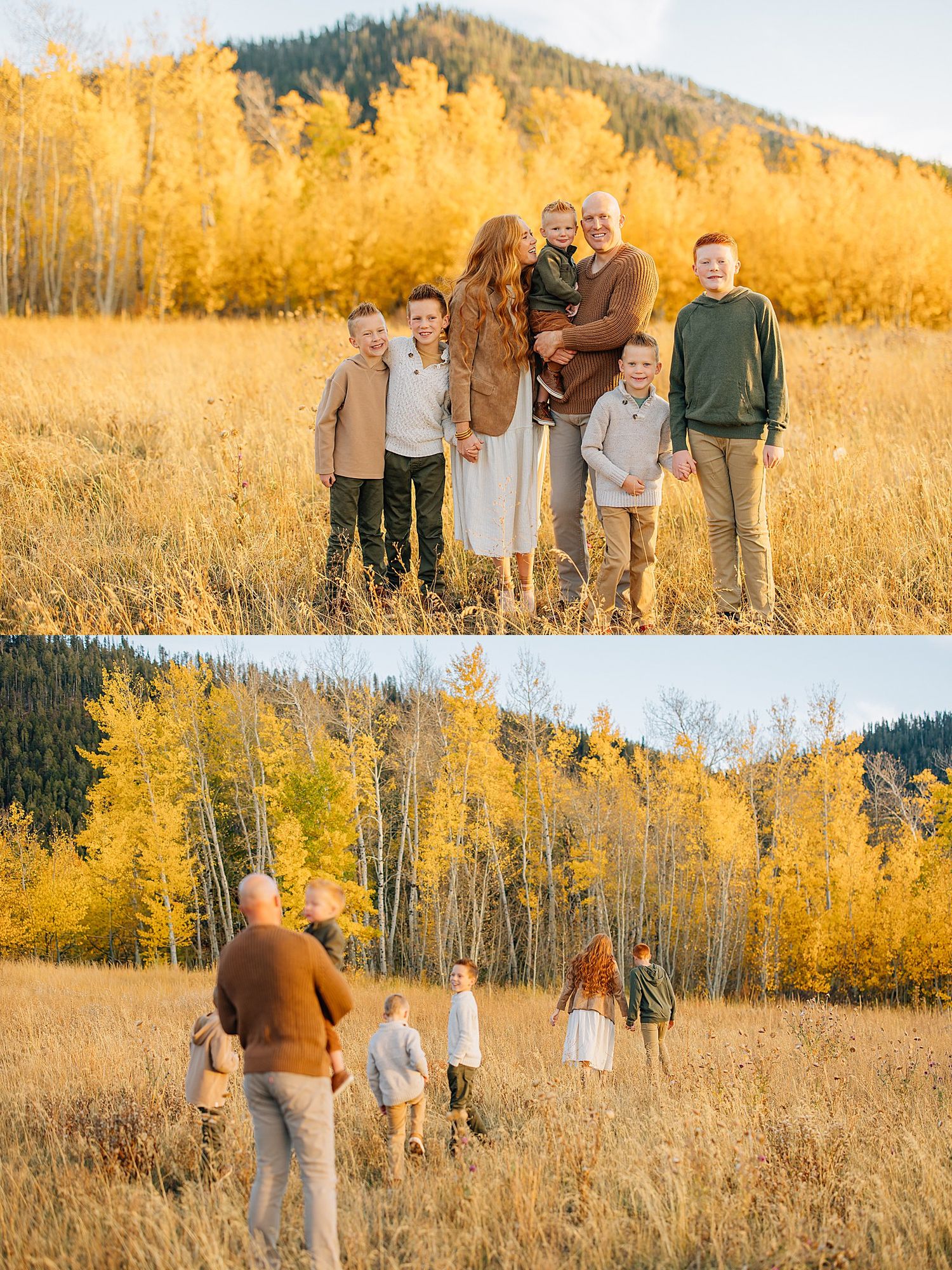 A group stands together in a golden autumn field with aspen trees and mountains creating a warm fall landscape.