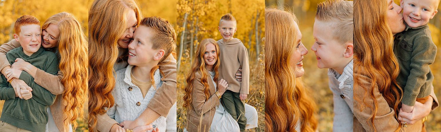 Candid lifestyle photo collage showing tender family moments in autumn with warm golden lighting and fall colors.