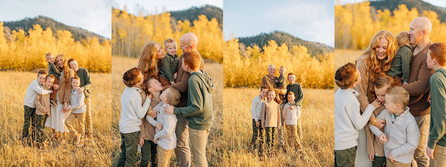 Family enjoys golden hour in a field of tall grass during autumn sunset photo session.