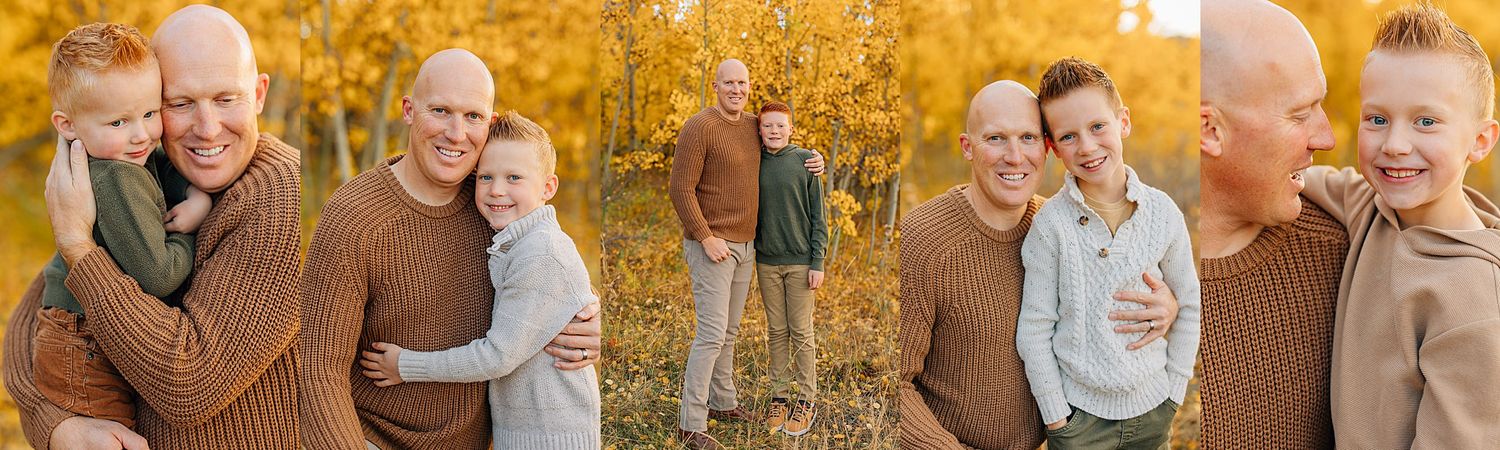 A collection of outdoor autumn portraits showing joyful moments against vibrant yellow fall foliage.