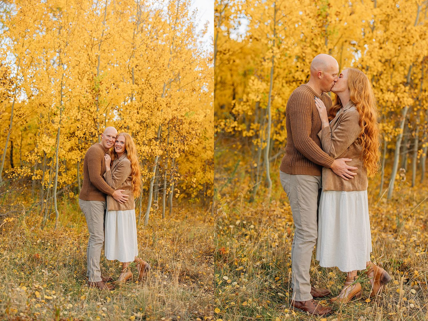 A tender embrace between two people set against a backdrop of golden autumn aspen trees in a romantic outdoor setting.