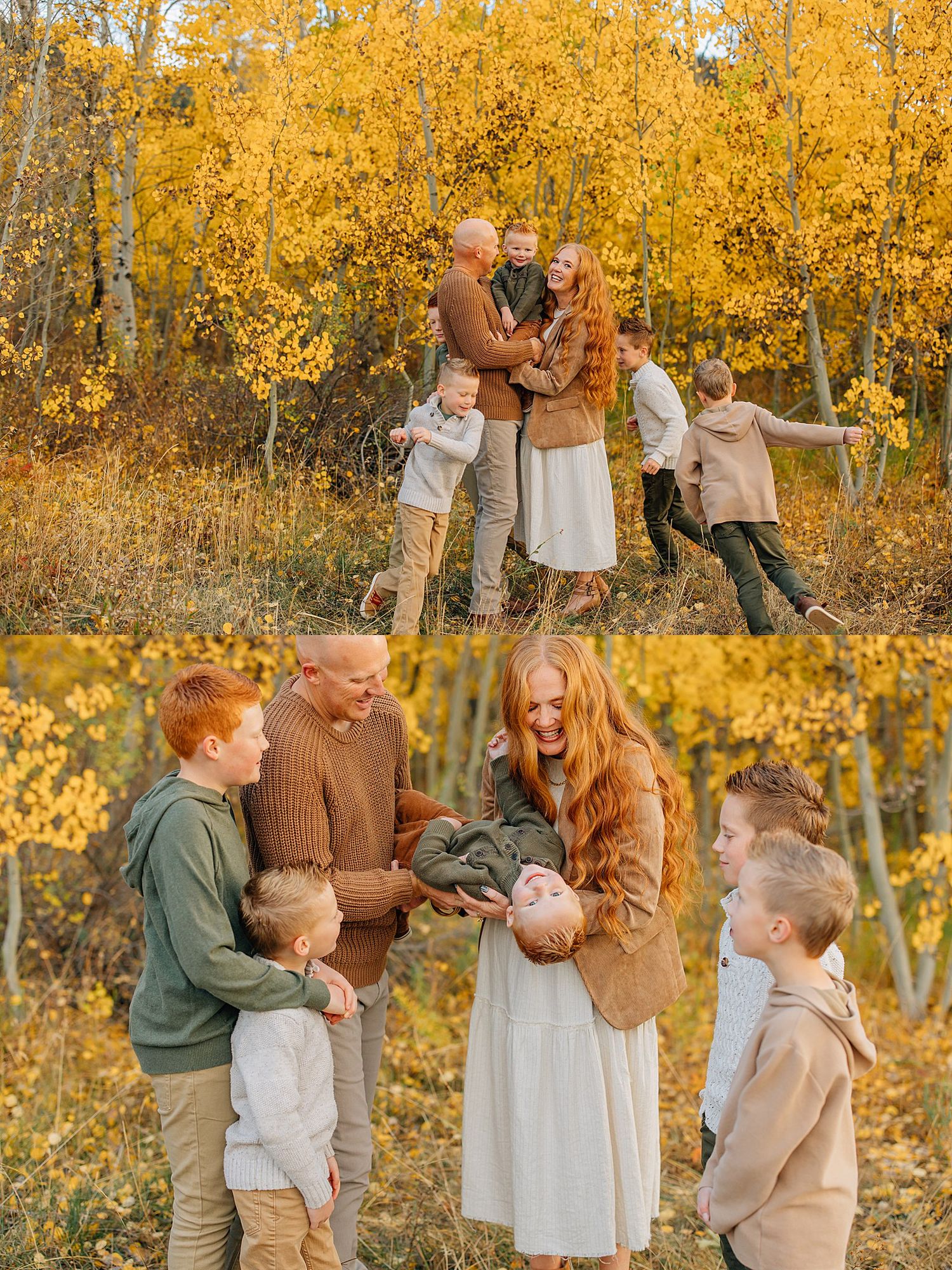 A family shares joyful moments together in a golden aspen grove during autumn, wearing coordinated brown and neutral outfits.