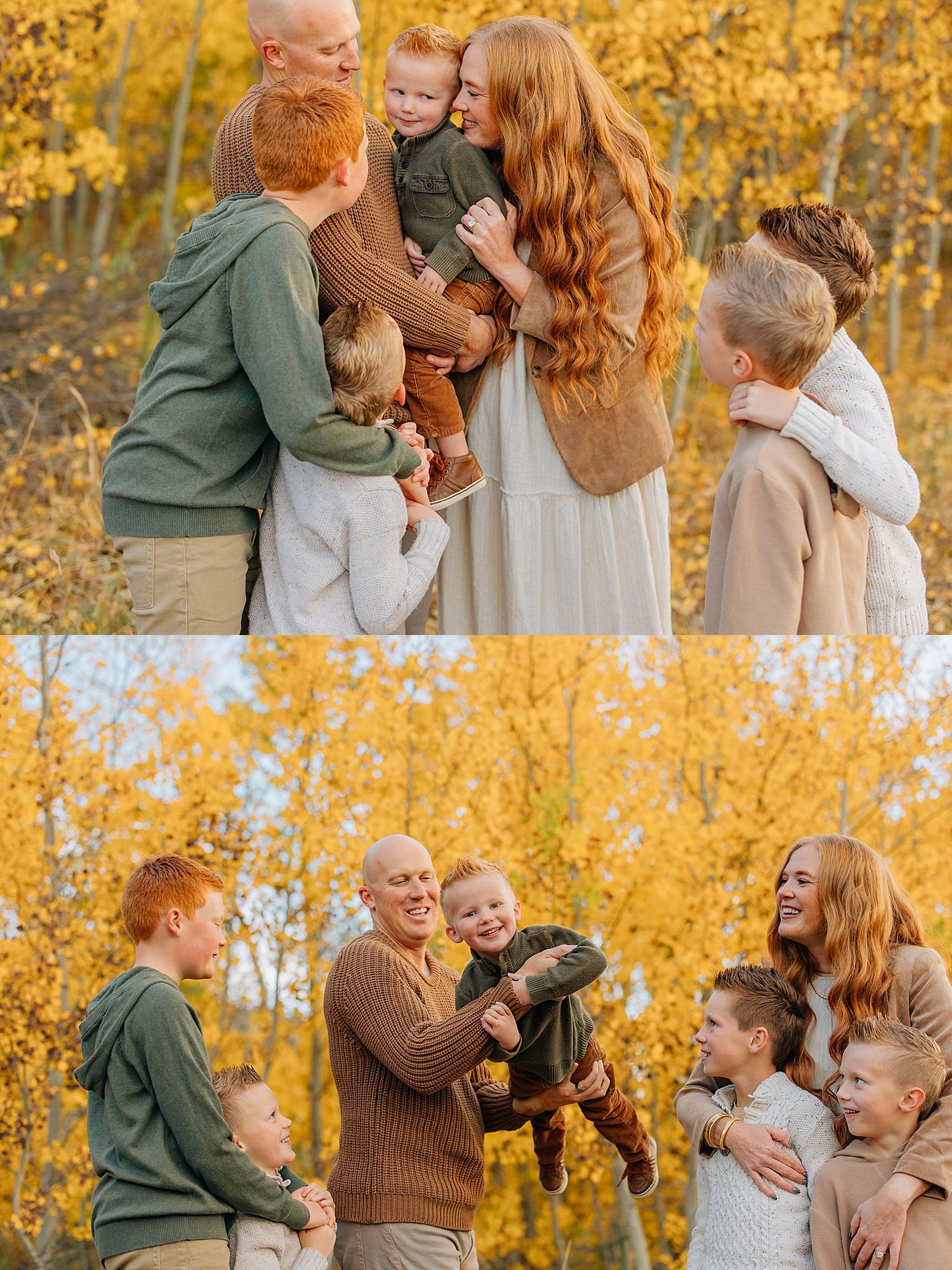 Family sharing joyful moments together during autumn photoshoot with golden foliage in the background.