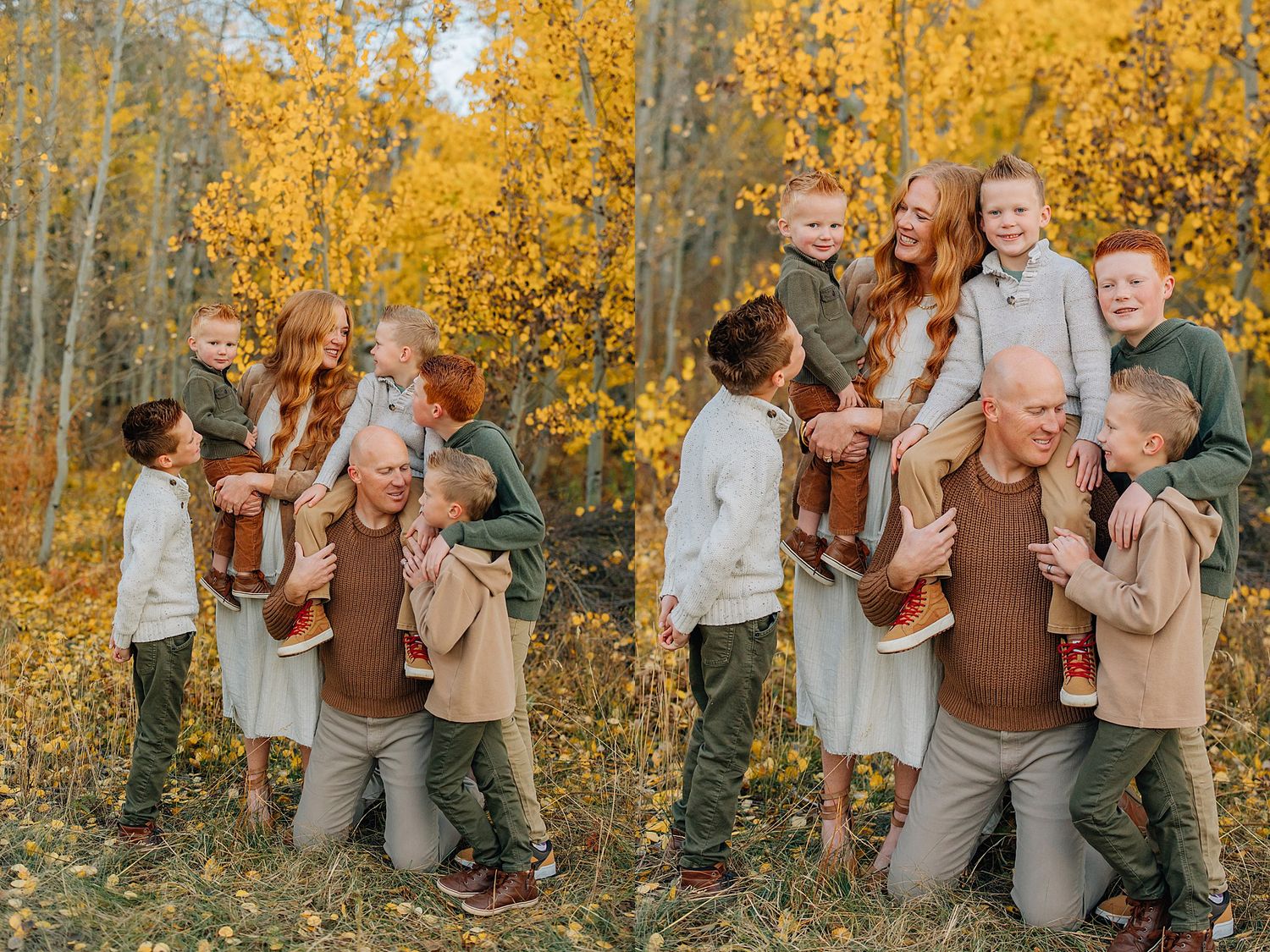 A sequence of playful family photos captured in a golden autumn forest with aspen trees in the background.