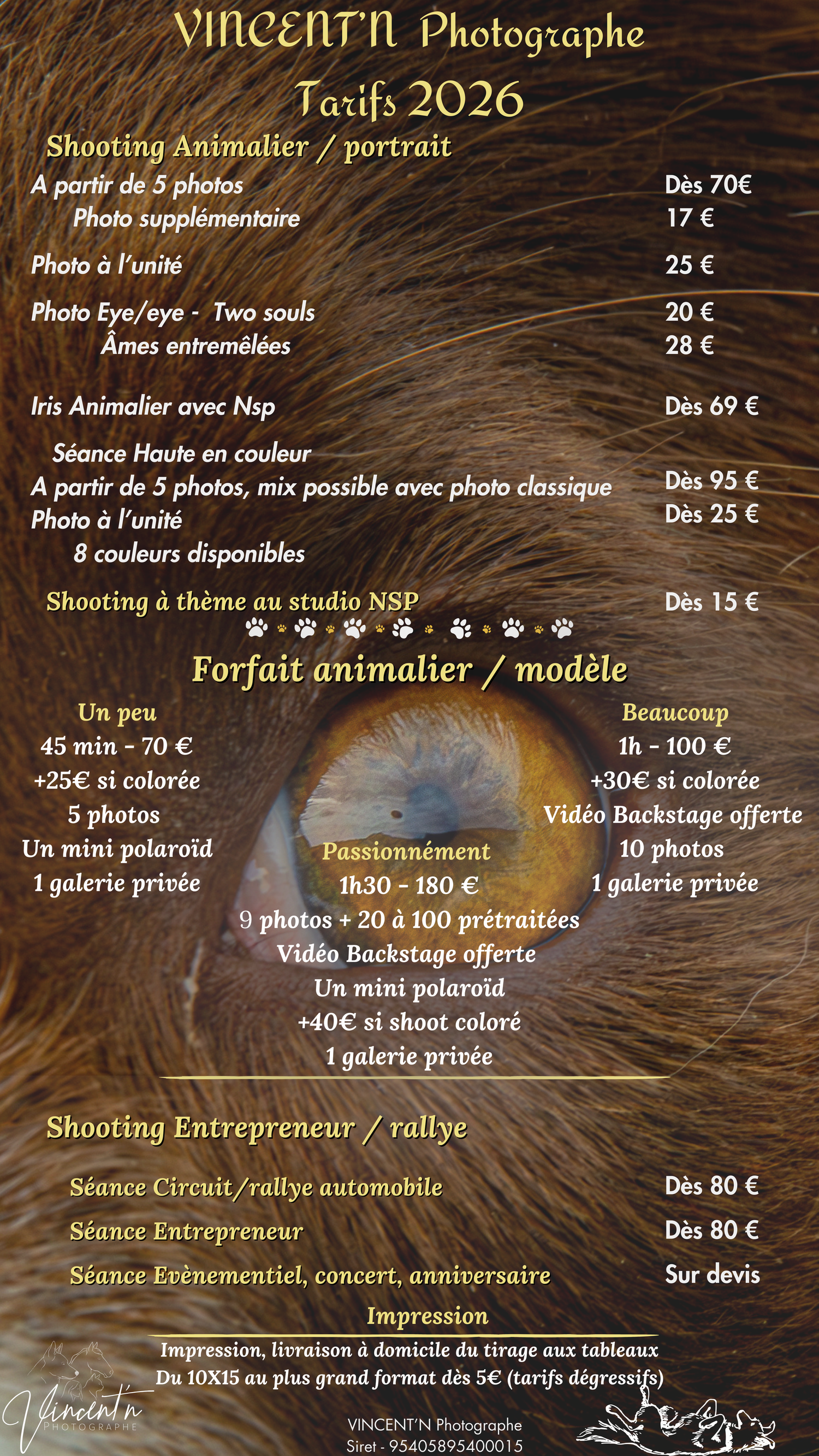 Photography pricing menu board displaying various photo packages and services in gold text on dark background.