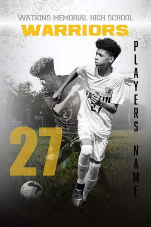 High school soccer sports poster design for Watkins Memorial Warriors featuring player number 27 in action poses.