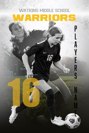 Black and gold sports collage featuring soccer players in action with Watkins Middle School Warriors branding.