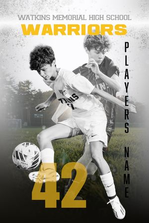 Black and white collage of high school soccer players in action poses with jersey number 42 for Watkins Memorial Warriors.