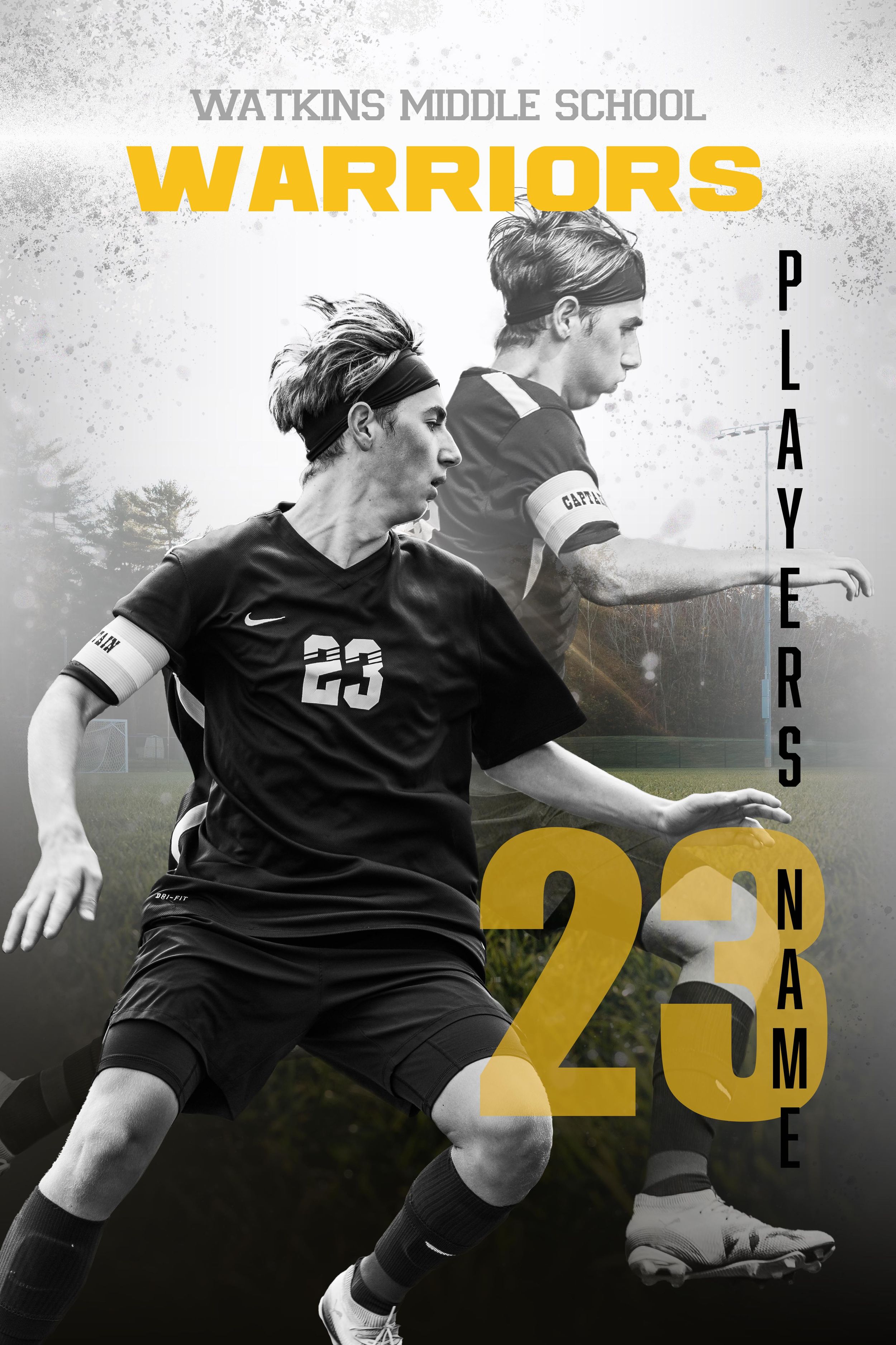 Black and white soccer action photos of players in dark jerseys with yellow number 23 text overlay.