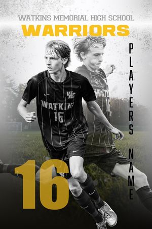 Black and white action shots of Watkins Memorial High School soccer players with gold jersey numbers overlaid.