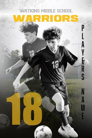 Black and white sports banner design showing soccer player dribbling ball with number 18 and Warriors team branding.