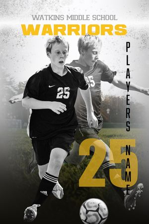 Black and white action photos of Watkins Middle School soccer players with gold jersey numbers displayed.