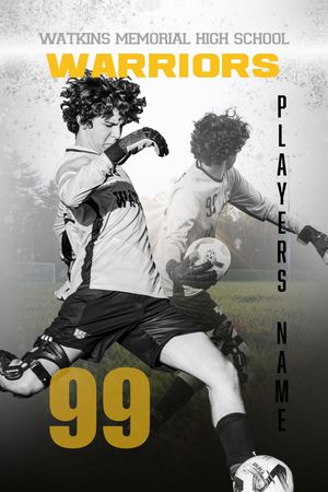 Athletic action photo collage featuring soccer players in black and white with yellow numbers and Warriors team name.