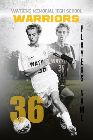 High school soccer players in action poses wearing white uniforms with Warriors team branding in gold lettering.