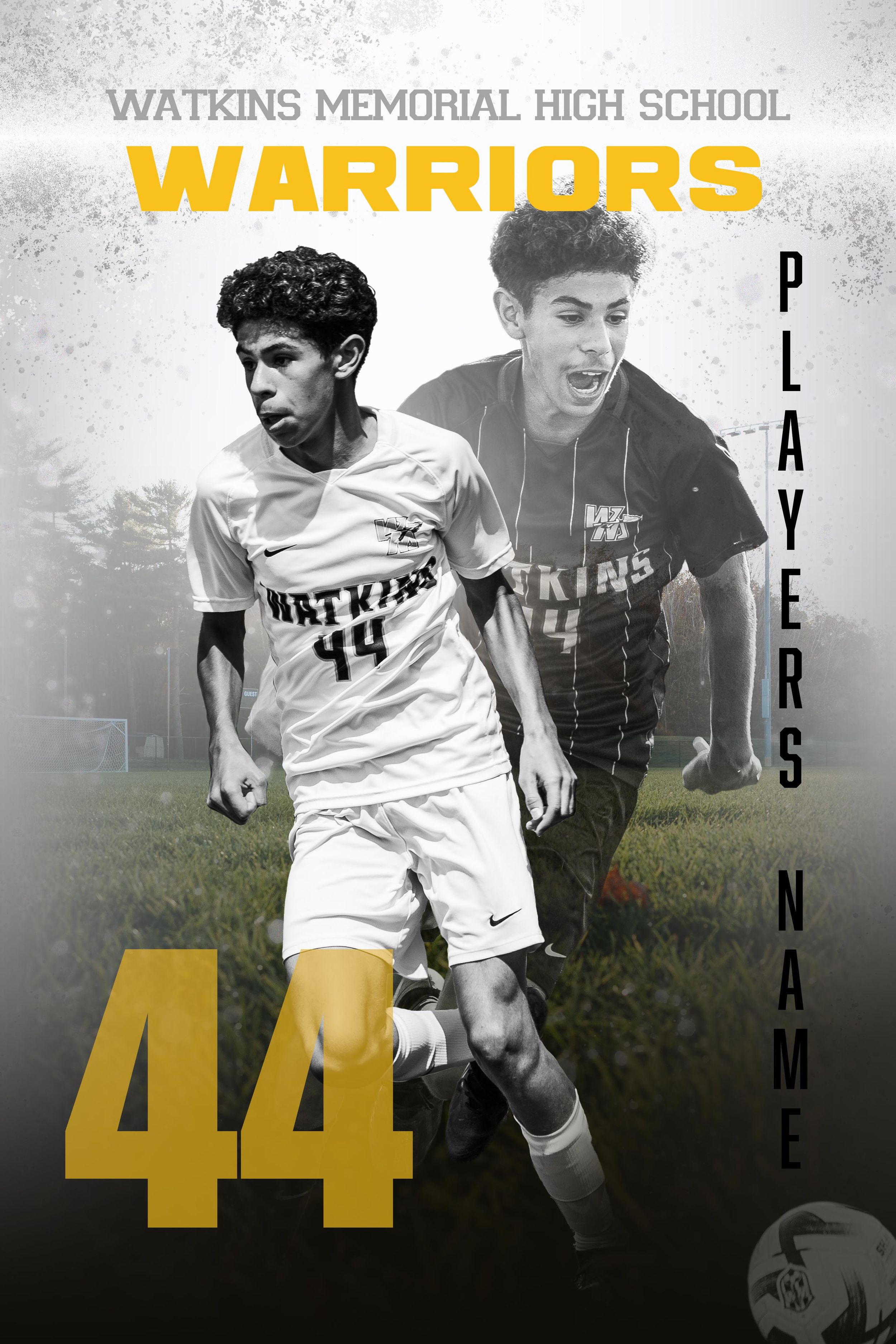 Black and white sports photo collage showing soccer players wearing Watkins Memorial High School Warriors jersey number 44.