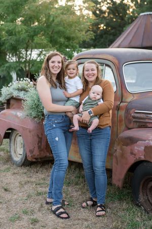 A series of vintage rustic photos showing people posing next to an old weathered truck in a grassy outdoor setting.
