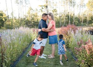 A series of romantic outdoor photos showing couples embracing in a wildflower field at sunset.