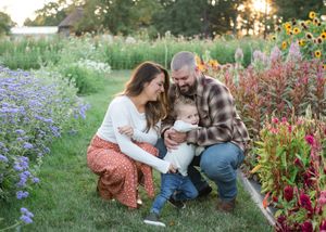 A series of romantic outdoor photos captured in a wildflower garden at golden hour with soft natural lighting.