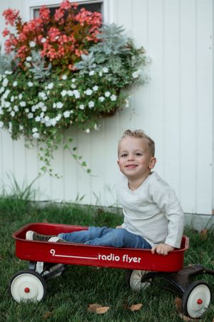 A red Radio Flyer wagon sits against a white wall with hanging flower baskets in a series of outdoor photos.