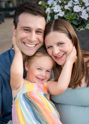 Family photo collage showing intimate moments and smiles against a neutral background.