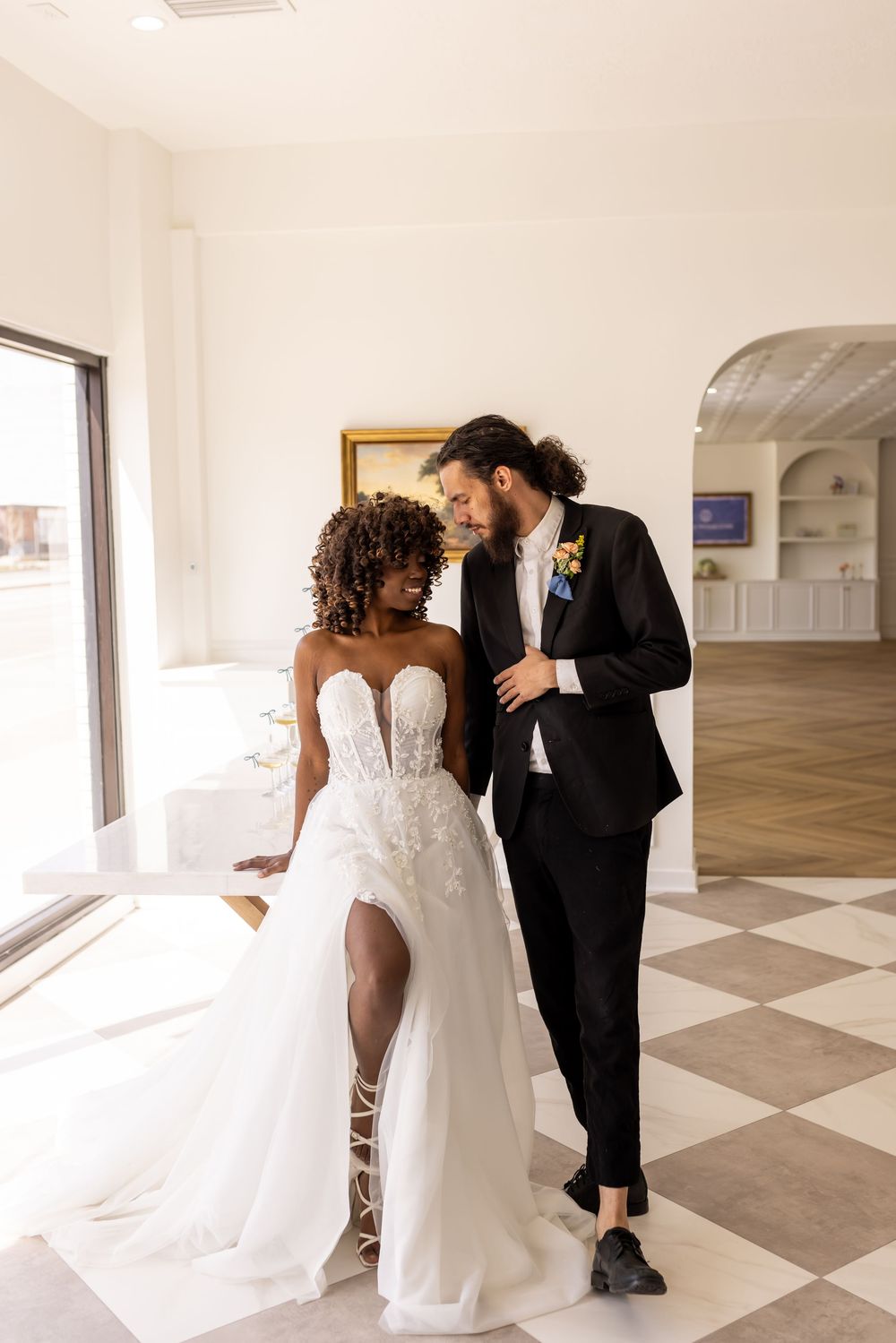 Elegant indoor wedding portrait of bride and groom at a Utah wedding venue