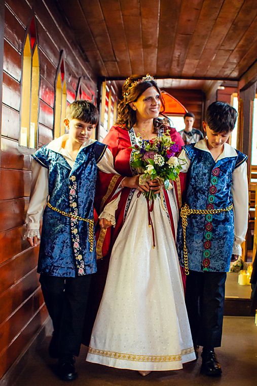 A sequence of wedding photos showing interactions between people in formal attire in an indoor hallway setting.