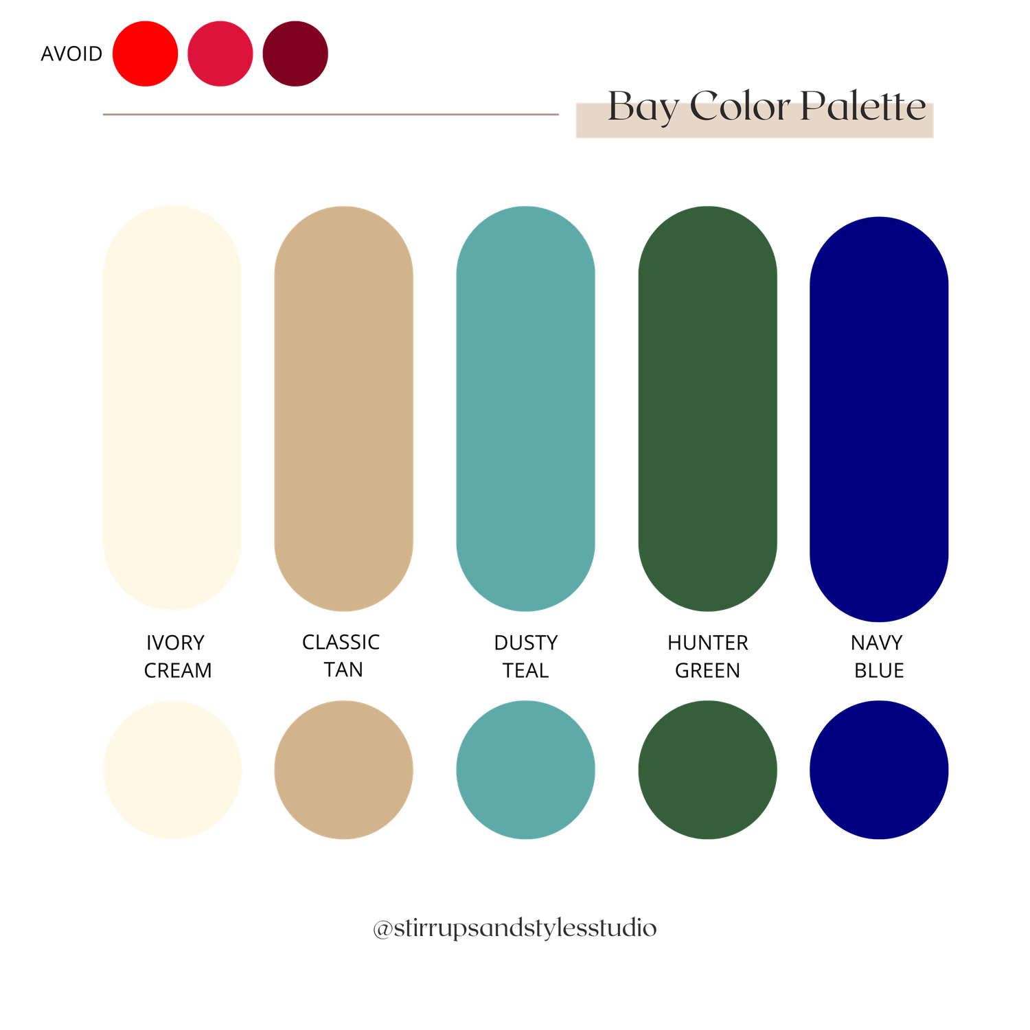 Color palette showing five coordinated shades including ivory, tan, turquoise, forest green and navy blue.