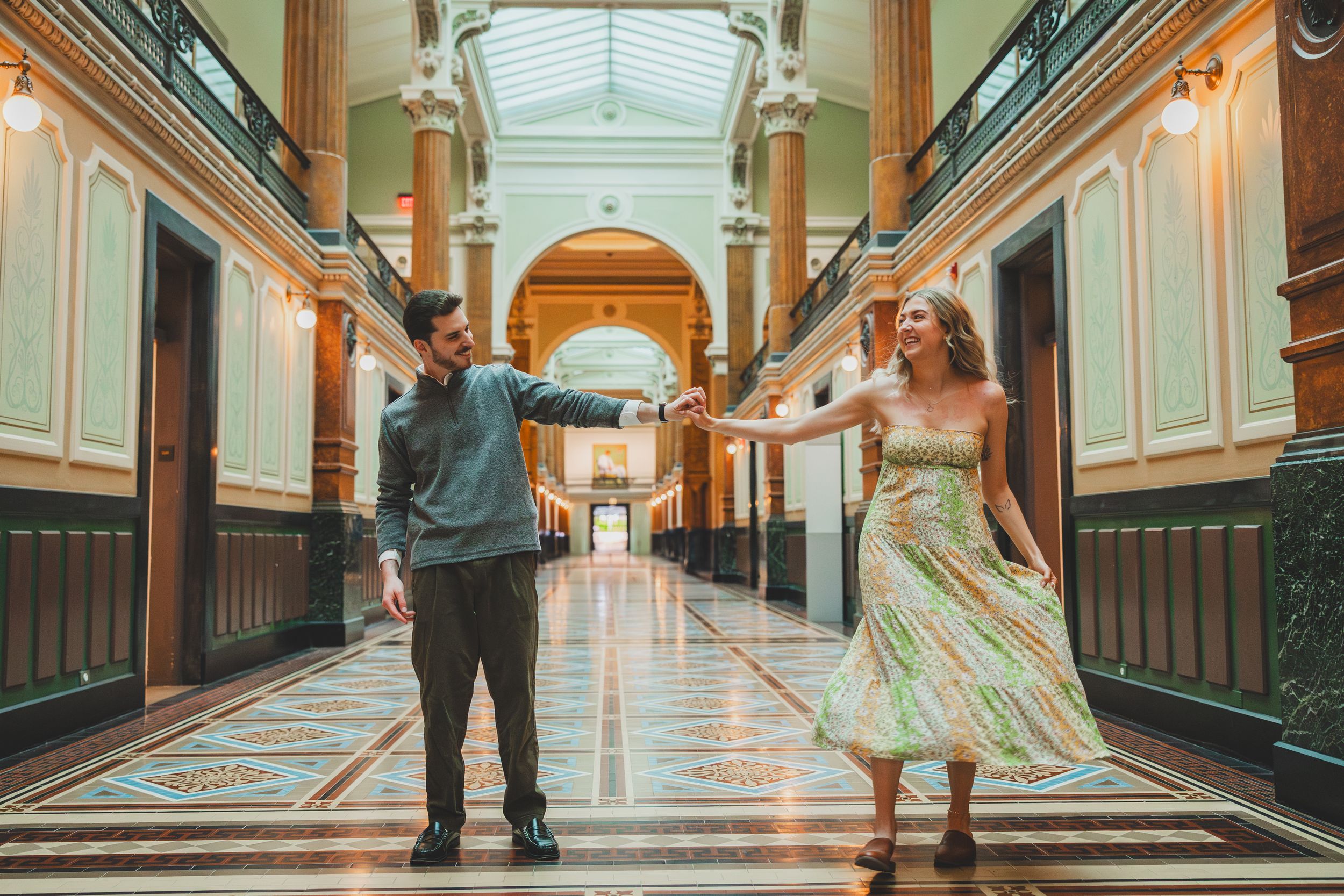 A collage of long empty hallways with vintage architectural details and ornate decorative elements in warm lighting.