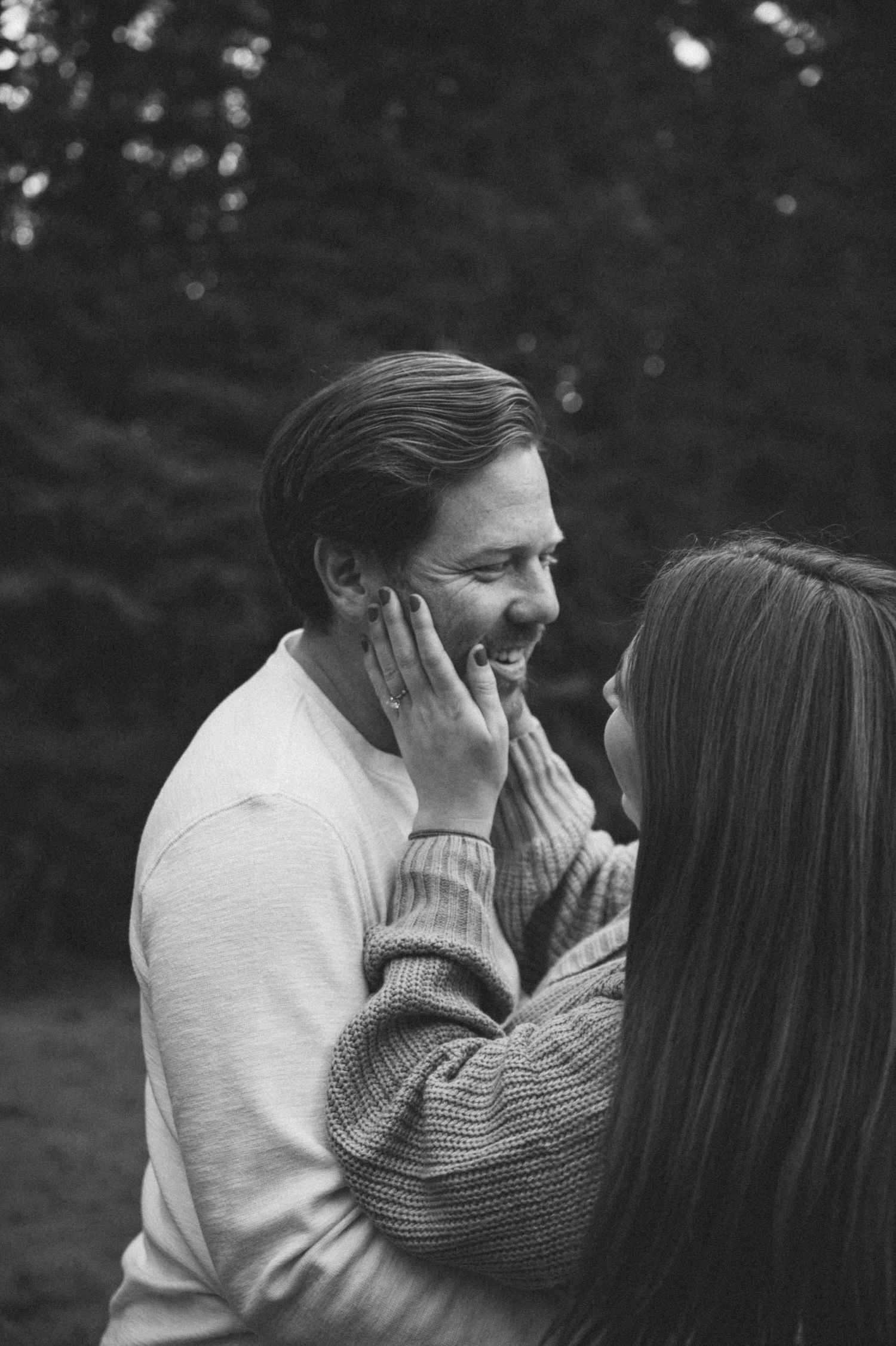 A black and white photo sequence shows a couple laughing and embracing outdoors.