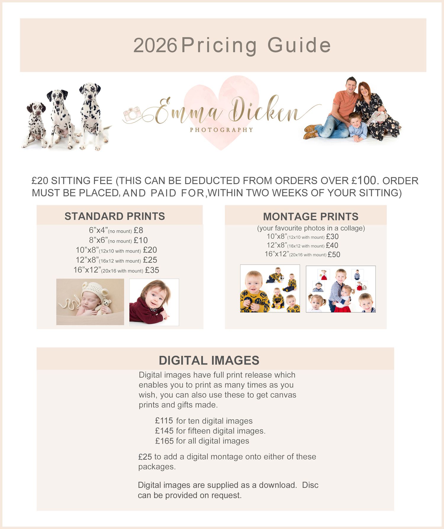 Photography session pricing for studio photoshoots at Emma Dicken Photography, Selby