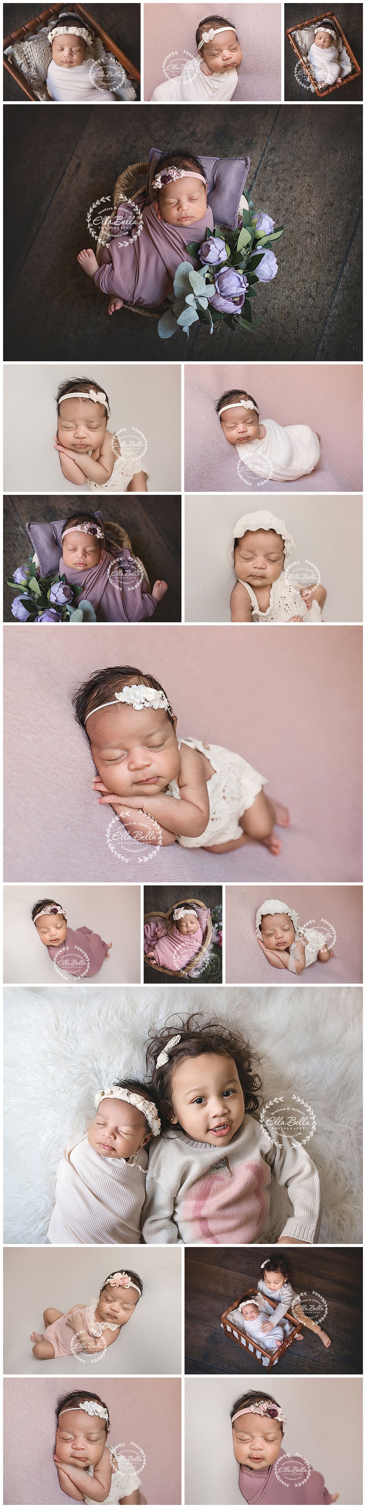 Professional newborn photography session featuring soft pink and purple tones with floral accents and delicate headbands.