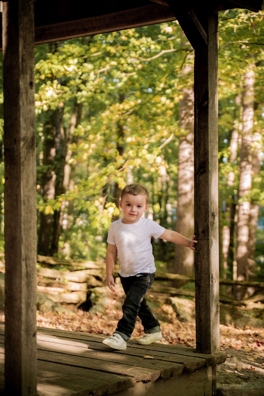 A child plays and explores on wooden beams in a forested area during autumn.