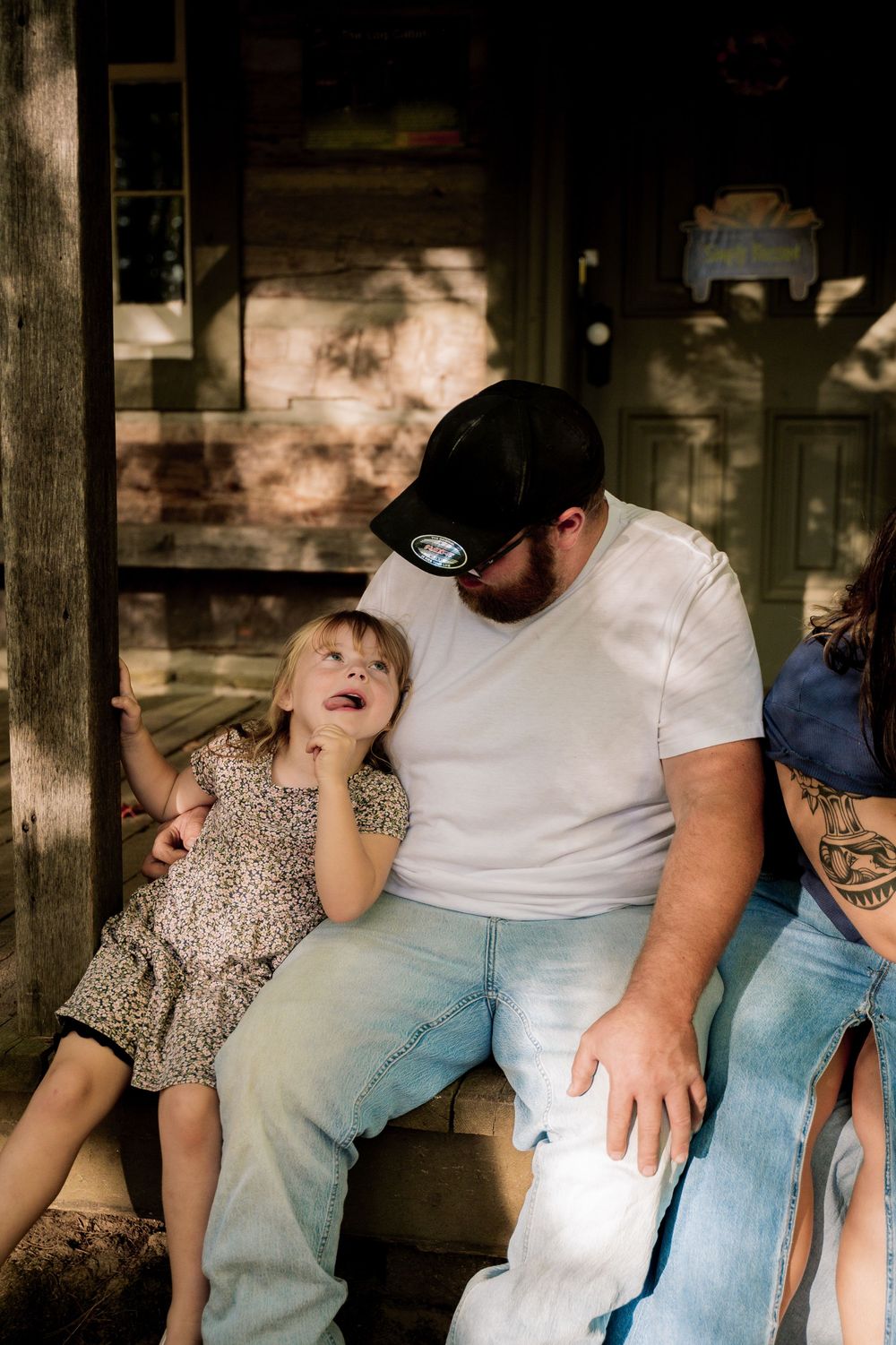 A series of candid moments captured on a wooden porch in warm lighting.