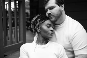 Black and white collage of romantic couple embracing and showing affection in an urban setting.