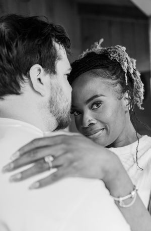 A romantic black and white photo sequence showing an intimate close-up moment between a couple.
