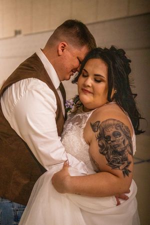 A romantic series of wedding photos showing an intimate embrace between a couple in formal attire against a warm backdrop.