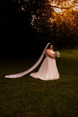 A flowing wedding dress and veil create a romantic silhouette against a sunset-lit grassy field.