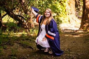 A series of outdoor photos showing people in casual attire walking and interacting along a wooded path in dappled sunlight.