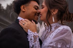 A romantic wedding photoshoot series showing close-up moments between a couple in a white lace dress and suit.