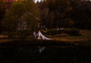 Scenic autumn wedding photo with couple silhouetted against trees at dusk.