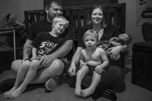 A series of black and white photos showing people lounging and relaxing on furniture in casual indoor settings.