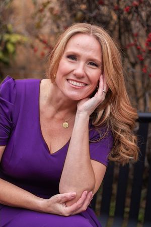 Person in purple dress poses outdoors against autumn foliage in a series of casual portrait shots.