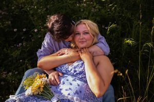 A series of six candid outdoor photos showing people embracing and celebrating in a garden setting.