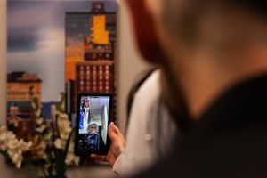 A sequence of candid wedding photos showing a couple sharing tender moments in an indoor setting.