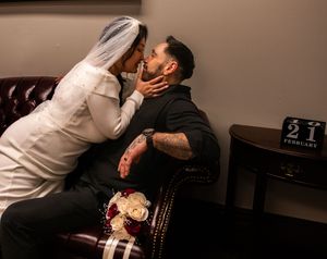 A series of intimate wedding photos showing tender moments between newlyweds in an indoor setting.