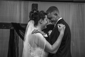 A series of black and white wedding photos showing tender moments between newlyweds during their first dance.