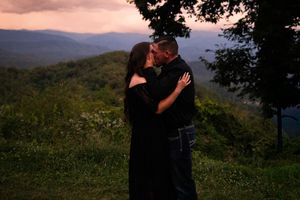 Romantic sunset silhouettes against a mountain landscape show tender moments between a couple in multiple frames.