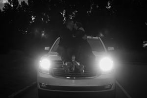 Dark nighttime photos show a car's dramatic headlights illuminating the darkness in a series of moody shots.